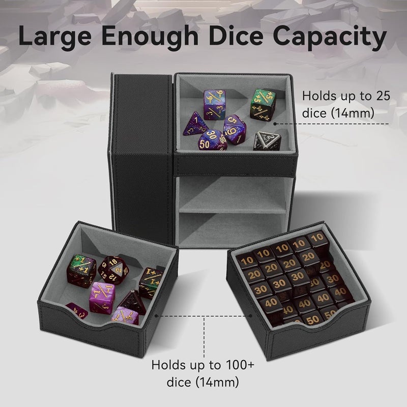 Stepane Dice Tray & Dice Tower Storage Box, 3 in 1 Dice Holder Case (Dice Rolling Tray, Dice Rolling Tower, Dice Storage Drawers), Leather Magnetic Closure DND Accessories Gifts for RPG MTG, Black/Grey - Image 3